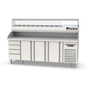Vaiotec Topline Pizzatisch / 4-fach mit 3 Türen, Schubladenblock, Granitplatte grau, inkl. Kühlaufsatz, GN 1/4, 2245 x 700 mm