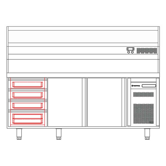 Vaiotec Topline Pizzatisch / 3-fach mit 2 Türen, EN 60x40, Schubladenblock, Granitplatte grau, inkl. Kühlaufsatz, GN 1/4, 2020 x 800 mm