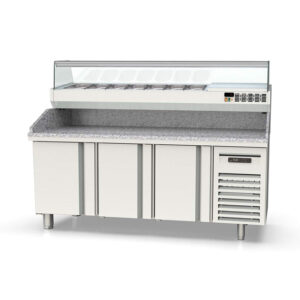 Vaiotec Topline Pizzatisch / 3-fach mit Türen, Granitplatte grau, inkl. Kühlaufsatz, GN 1/4, 2020 x 600 mm