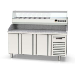 Vaiotec Topline Pizzatisch / 3-fach mit Türen, Granitplatte grau, inkl. Kühlaufsatz, GN 1/4, 1795 x 700 mm