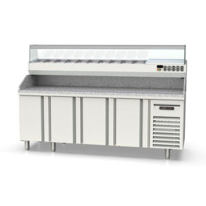 Vaiotec Topline Pizzatisch / 4-fach mit Türen, Granitplatte grau, inkl. Kühlaufsatz, GN 1/4, 2245 x 700 mm