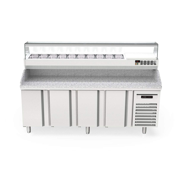 Vaiotec Topline Pizzatisch / 4-fach mit Türen, Granitplatte grau, inkl. Kühlaufsatz, GN 1/4, 2245 x 700 mm