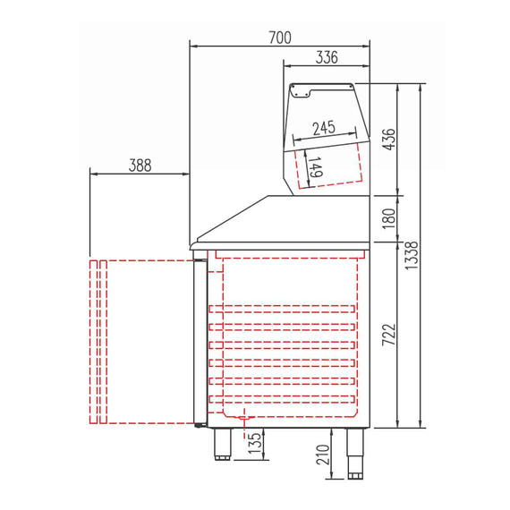 Vaiotec Topline Pizzatisch / 4-fach mit Türen, Granitplatte grau, inkl. Kühlaufsatz, GN 1/4, 2245 x 700 mm