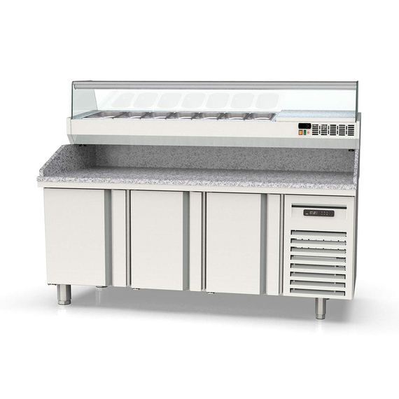 Vaiotec Topline Pizzatisch / 3-fach mit Türen, EN 60x40, Granitplatte grau, inkl. Kühlaufsatz, GN 1/4, 2020 x 800 mm
