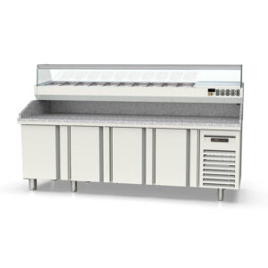 Vaiotec Topline Pizzatisch / 4-fach mit Türen, EN 60x40, Granitplatte grau, inkl. Kühlaufsatz, GN 1/4, 2545 x 800 mm