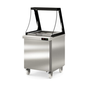 Vaiotec Topline Zubereitungstisch / 1-fach mit Tür, Glasklappdeckel, auf Rollen, GN 1/6, 701 x 830 mm