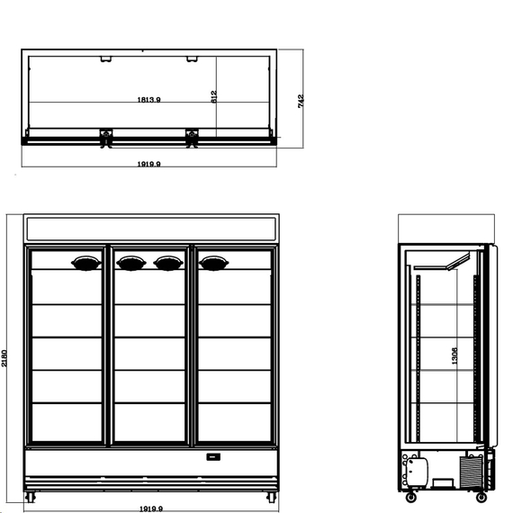 Vaiotec Topline Getränkekühlschrank 3 Türen / 1610 Liter mit Leuchtaufsatz "schwarz", 1919 x 742 mm