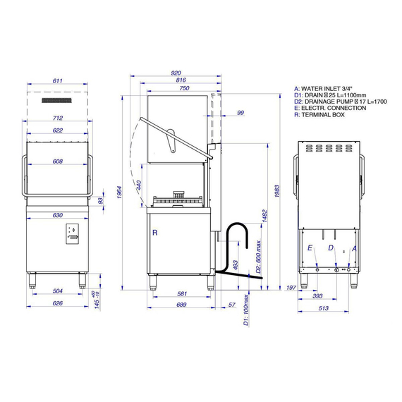 Vaiotec Topline Haubenspülmaschine 50x50 / 400 Volt - Modell: VT-SX HW54 DRD, 630 x 750 mm