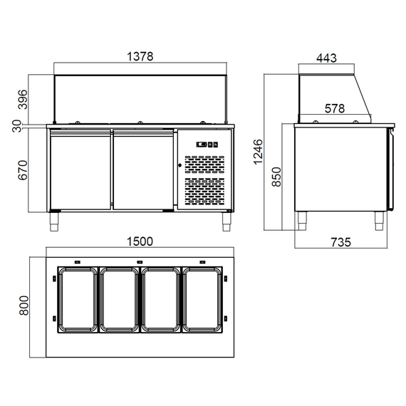 Vaiotec Salattheke / 2-fach mit Türen, Glasaufbau, für 4x GN 1/1 "grau", 1500 x 800 mm