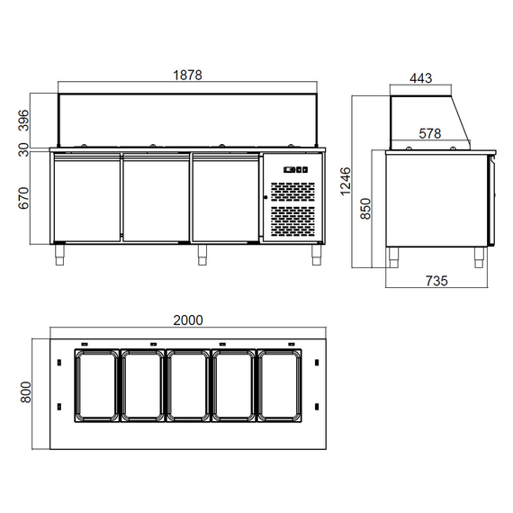 Vaiotec Salattheke / 3-fach mit Türen, Glasaufbau, für 5x GN 1/1 "grau", 2000 x 800 mm