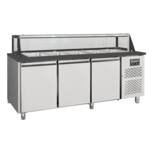 Vaiotec Salattheke / 3-fach mit Türen, Glasaufbau, für 5x GN 1/1 "schwarz", 2000 x 800 mm