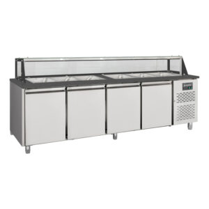Vaiotec Salattheke / 4-fach mit Türen, Glasaufbau, für 6x GN 1/1 "schwarz", 2500 x 800 mm