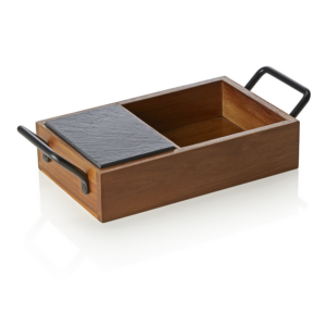 Was Germany Naturschieferplatten Set SLATE & SERVE, 24 x 15 x 5,5 cm, 3 Schieferplatten und Brot- und Butterkorb, Akazienholz, Naturschiefer