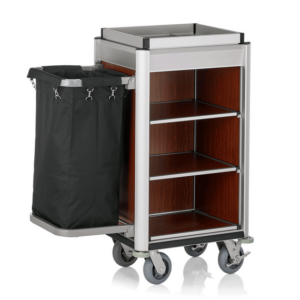 Was Germany Zimmerservicewagen ISABELLA, 95 x 55 x 116 cm, helle Kanten, dunkle Holzoptik, Aluminium, MDF, Polyesterfaserstoff