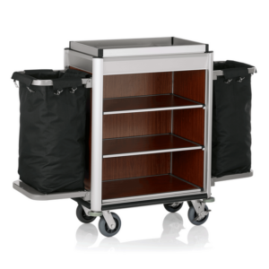 Was Germany Zimmerservicewagen ISABELLA, 155 x 55 x 116 cm, helle Kanten, dunkle Holzoptik, Aluminium, MDF, Polyesterfaserstoff