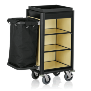 Was Germany Zimmerservicewagen ISABELLA, 95 x 55x x116 cm, schwarze Kanten, helle Holzoptik, Aluminium, MDF, Polyesterfaserstoff