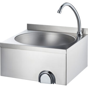 Edelstahl Handwaschbecken mit Kniebedienung, inkl. Armatur, Wandmontage, 400 mm x 400 mm x 225 mm (BxTxH)