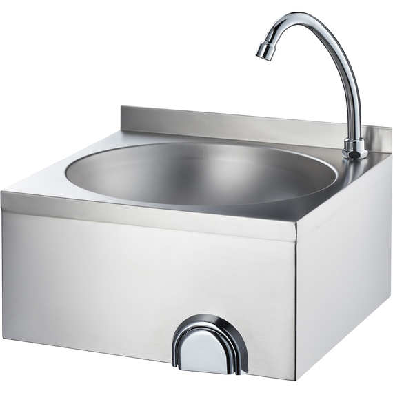 Edelstahl Handwaschbecken mit Kniebedienung, inkl. Armatur, Wandmontage, 400 mm x 400 mm x 225 mm (BxTxH)