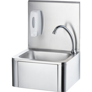 Stalgast Edelstahl Handwaschbecken mit Kniebedienung, inkl. Armatur und Seifenspender, Wandmontage, 400 mm x 330 mm x 570 mm (BxTxH)