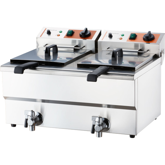 Doppel-Fritteuse CATERINA, 2x 10 Liter, mit Ablasshahn 610x510x390 mm (BxTxH), 2x 3 kW 230V