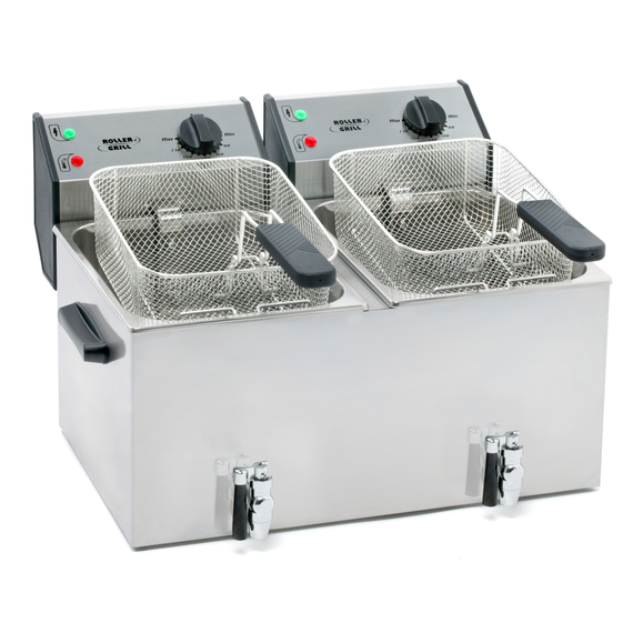 ROLLER GRILL Fritteuse mit zwei Becken, mit Ablasshahn, 2 x 8 Liter