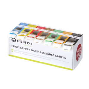 Hendi Set Lebensmittelsicherheitsetiketten, mehrfach verwendbar, leicht herausnehmbar, mit Spender, 240x80x(H)100mm