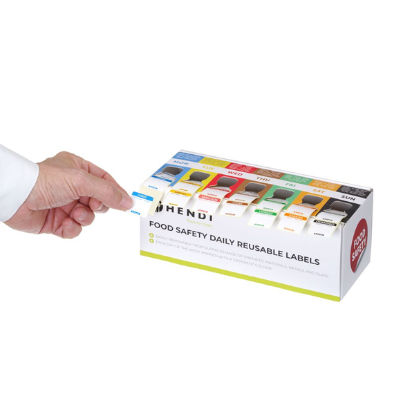 Hendi Satz Lebensmittelsicherheitsetiketten, mehrfach verwendbar, leicht herausnehmbar, mit Spender, 240x80x(H)100mm