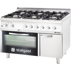 Stalgast Edelstahl Gasherd mit 6 Brennern (3,5+3x5+2x7), Elektro-Umluft-Backofen GN1/1 und Unterschrank, Serie 700 ND