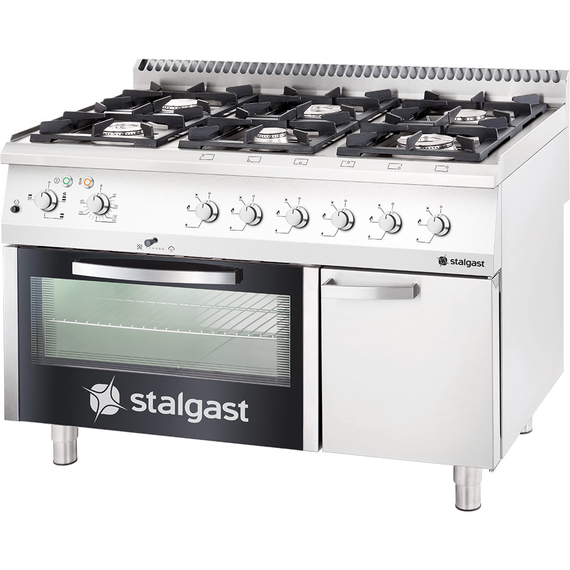 Stalgast Gasherd 6 Brenner (3,5+3x5+2x7) mit Gasbackofen, Serie 700 ND