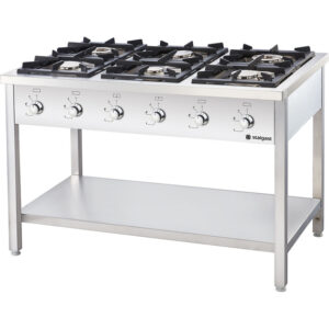 Stalgast Edelstahl Gasherd Serie 700, 6-Brenner (3,5+2x5+2x7+9), G20, 1200x700x850 mm (BxTxH)