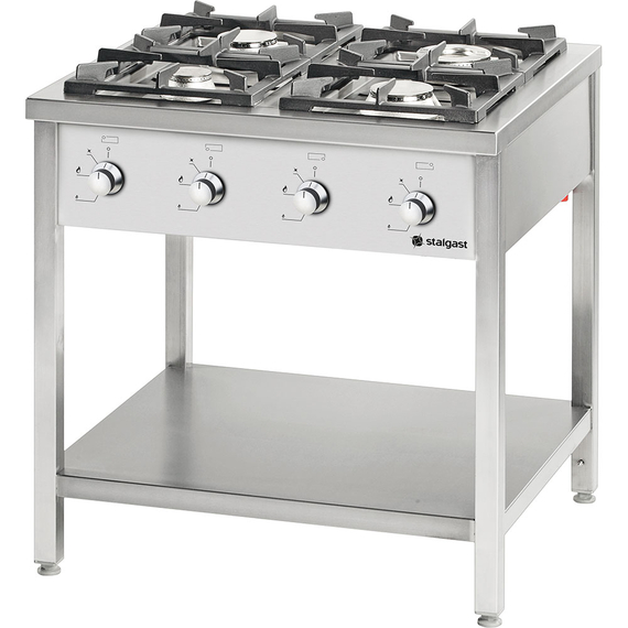 Stalgast Edelstahl Gasherd Serie 900, 4-Brenner (3,5+2x5+7), 20,5 kW, G20, 900x900x850 mm (BxTxH)