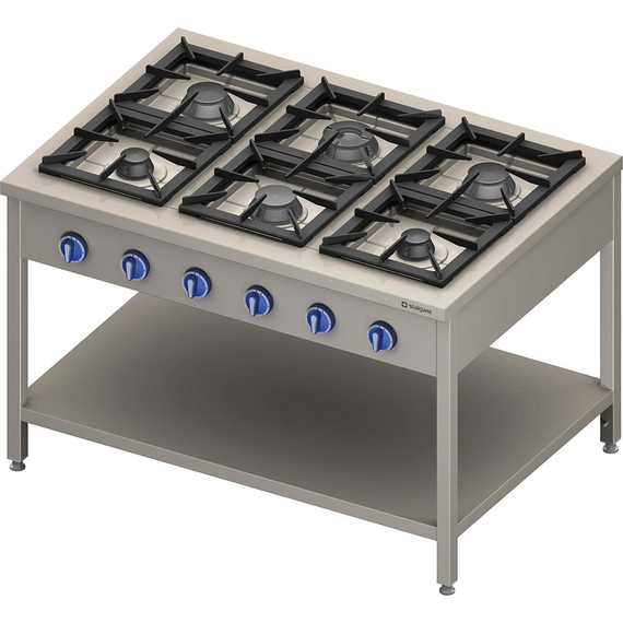 Stalgast Edelstahl Gasherd Serie 900, 6-Brenner (3,5+3x5+2x7), 32,5 kW, G20, 1300x900x850 mm (BxTxH)