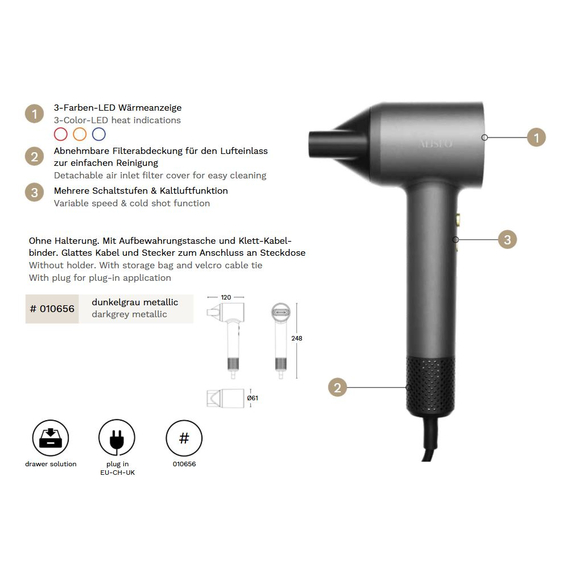 Aliseo Aero Brushless Haartrockner mit Wandhalterung & zusätzlichem Kabel und Stecker