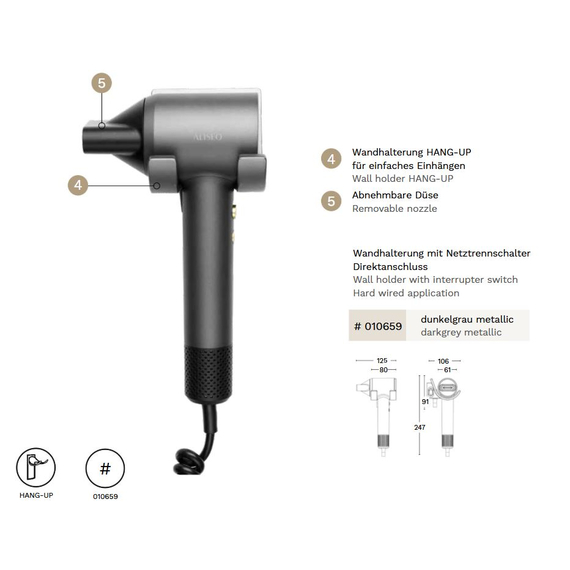 Aliseo Aero Brushless Haartrockner mit Wandhalterung & zusätzlichem Kabel und Stecker