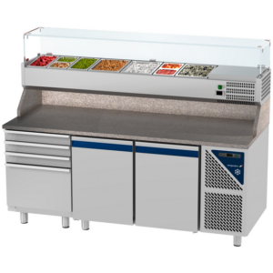 Prismafood Kühltisch 2 Türen & 4er Schubladenblock & Schaukasten GN 1/3 Kapazität: 606 lt Temperatur: 0°C/+10°C
