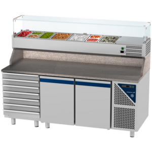Prismafood Kühltisch 2 Türen & 7er Schubladenblock & Schaukasten GN 1/3 Kapazität: 606 lt Temperatur: 0°C/+10°C