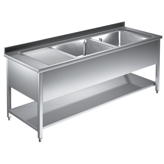 Prismafood Spültisch mit Grundboden 1,4m - 2 Becken rechts L40xB40xT25cm STD