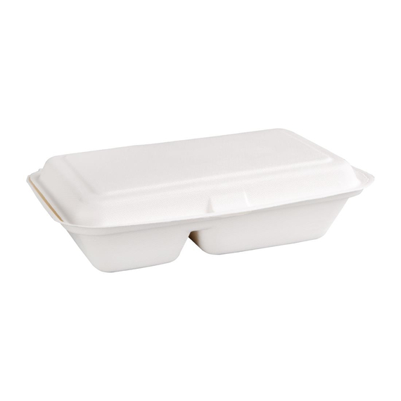 Fiesta Compostable kompostierbare Menüboxen aus Bagasse mit Klappdeckel weiß 2-geteilt (200 Stück)