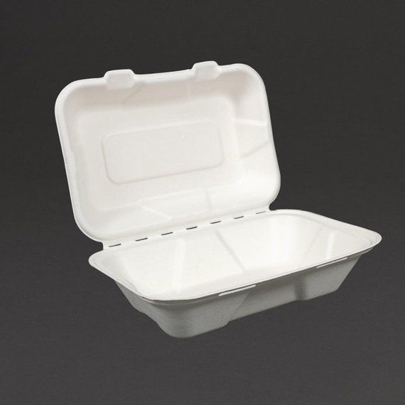 Vegware kompostierbare Einweg Menüboxen mit Klappdeckel aus Bagasse 22,8cm (200 Stück)