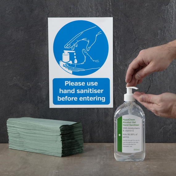 Bitte verwenden Sie Händedesinfektionsmittel, bevor Sie das selbstklebende Schild A4 eingeben