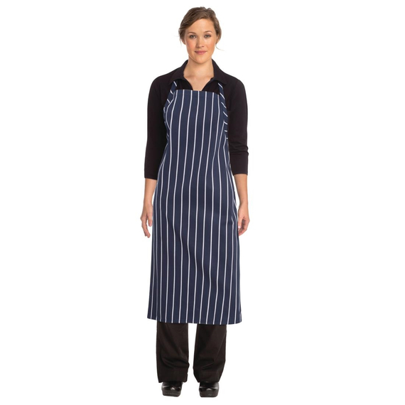 Chef Works Premium Woven Bib Apron Marineblau und Weiß gestreift