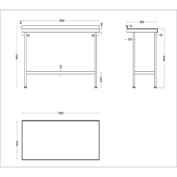 Holmes Wandtisch aus Edelstahl mit Aufkantung 1500 mm