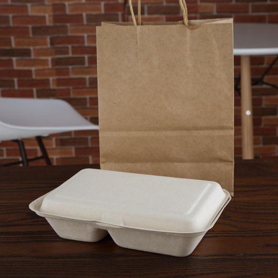 Fiesta Compostable kompostierbare Bagasse Lebensmittelboxen 2 Fächer Naturfarbe 253 mm (200 Stück)