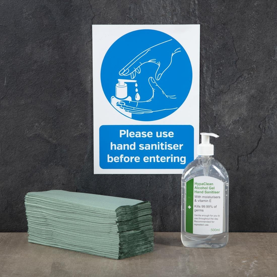 Bitte verwenden Sie Händedesinfektionsmittel, bevor Sie das selbstklebende Schild A4 eingeben