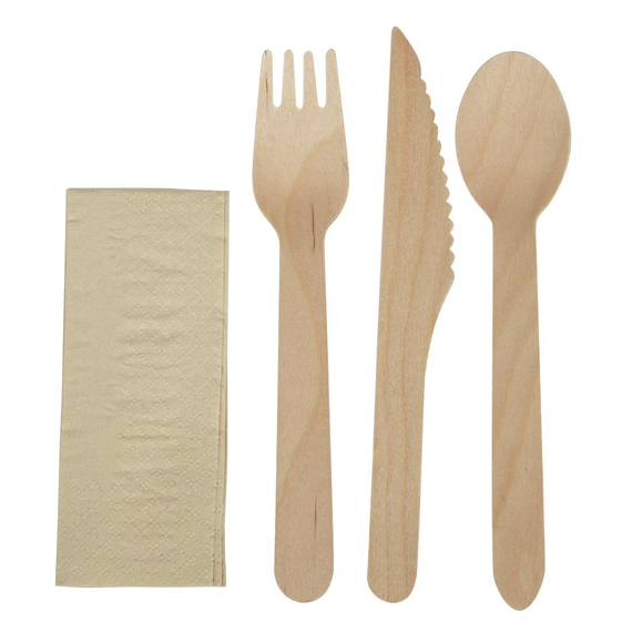 eGreen Einzeln in Kraftpapier verpacktes 4-in-1-Holzbesteck-Set (250 Stück)