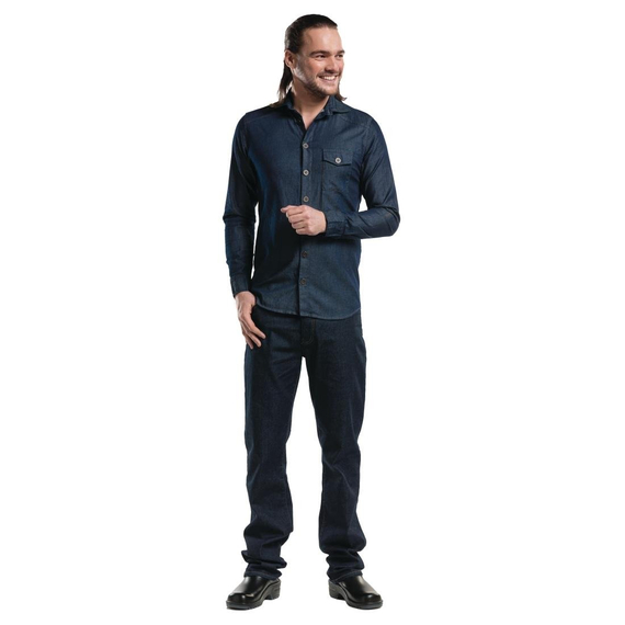 Chaud Devant Herrenkochhemd lange Ärmel blauer Denim XS