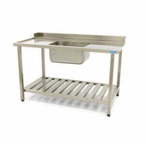 Maxima Gastro Geschirrspültisch - 140 x 75 cm - links - mit Waschbecken und Backsplash - inkl. Lagerregal