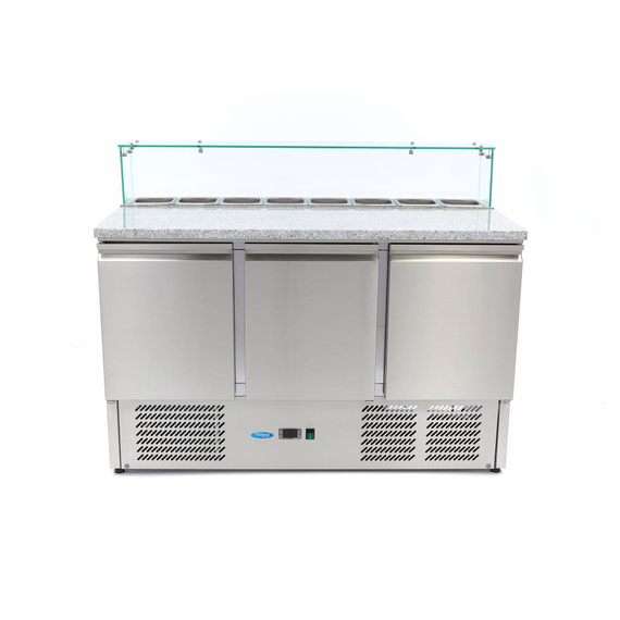 Maxima Gastro Pizzakühltisch - 137 cm - 3 Türen - Passt 8 x 1/6 GN - inkl. Glasabdeckung