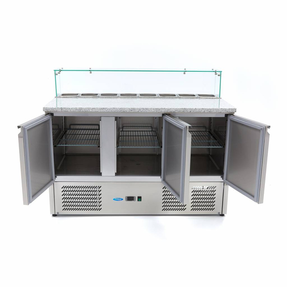 Maxima Gastro Pizzakühltisch - 137 cm - 3 Türen - Passt 8 x 1/6 GN - inkl. Glasabdeckung