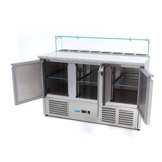 Maxima Gastro Pizzakühltisch - 137 cm - 3 Türen - Passt 8 x 1/6 GN - inkl. Glasabdeckung
